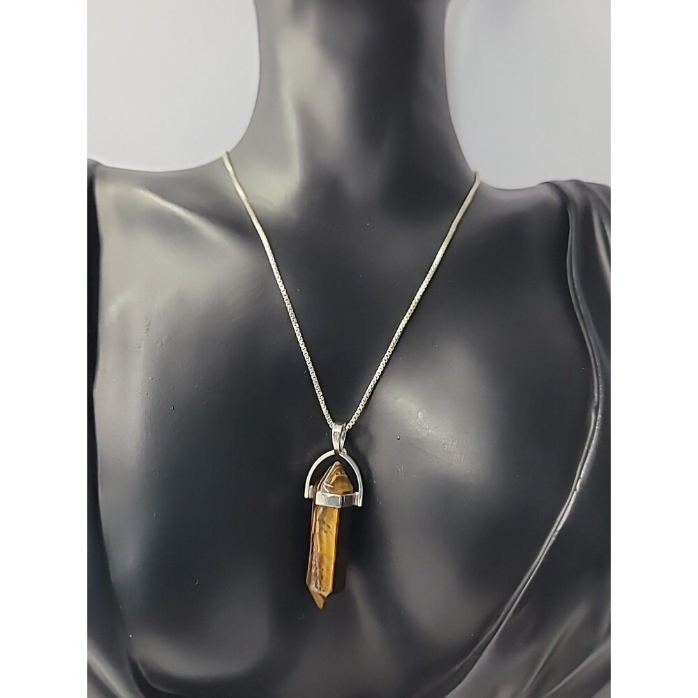 Tigers Eye Crystal Point Pendant Necklace Sterling Silver Chain Healing Stone